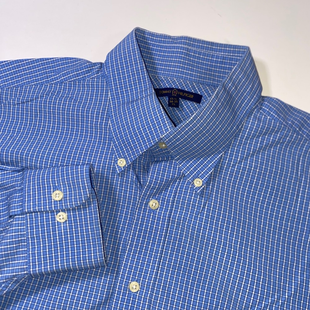 Tommy Hilfiger Mens XL Blue White Micro Check Button Down Dress Shirt 17.5 34-35
